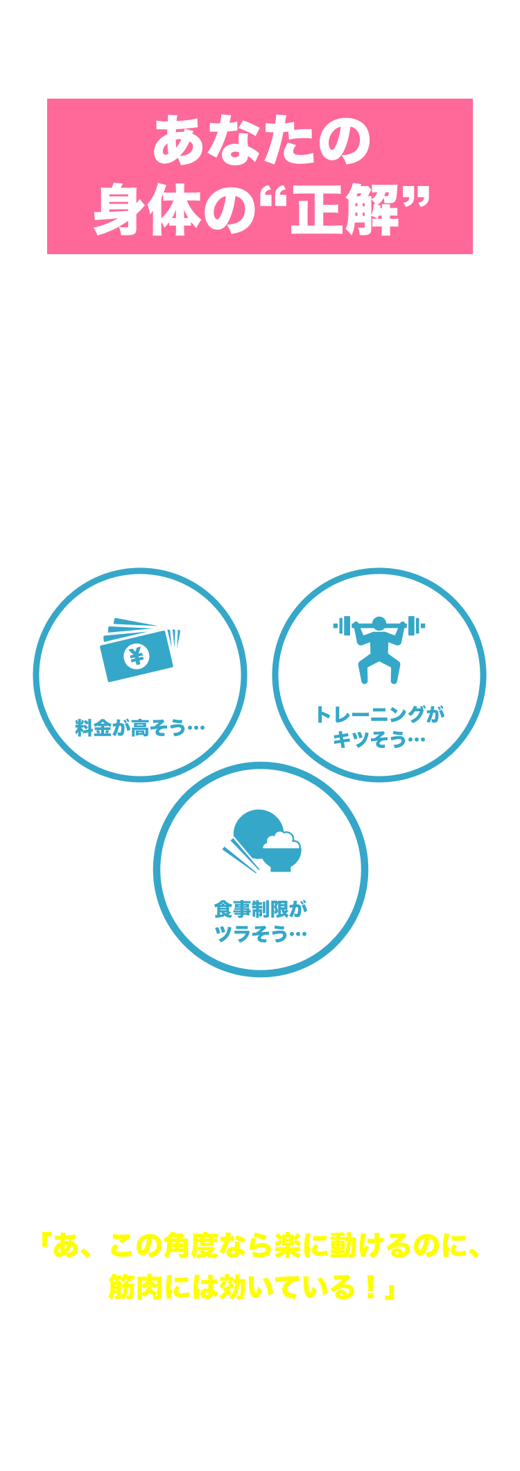 まずは0円であなたの身体の“正解”を知ってください。パーソナルジムにこんなイメージをお持ちではありませんか？「料金は高そう…」「トレーニングがキツそう…」「食事制限がツラそう…」CLASSIC GYMのトレーニングは、無理やり重い物を持ち上げたり、根性論で追い込むのではありません。あなたの身体を見極め、「あ、この角度なら楽に動けるのに、筋肉には効いている！」という不思議な感覚を体験していただく時間です。